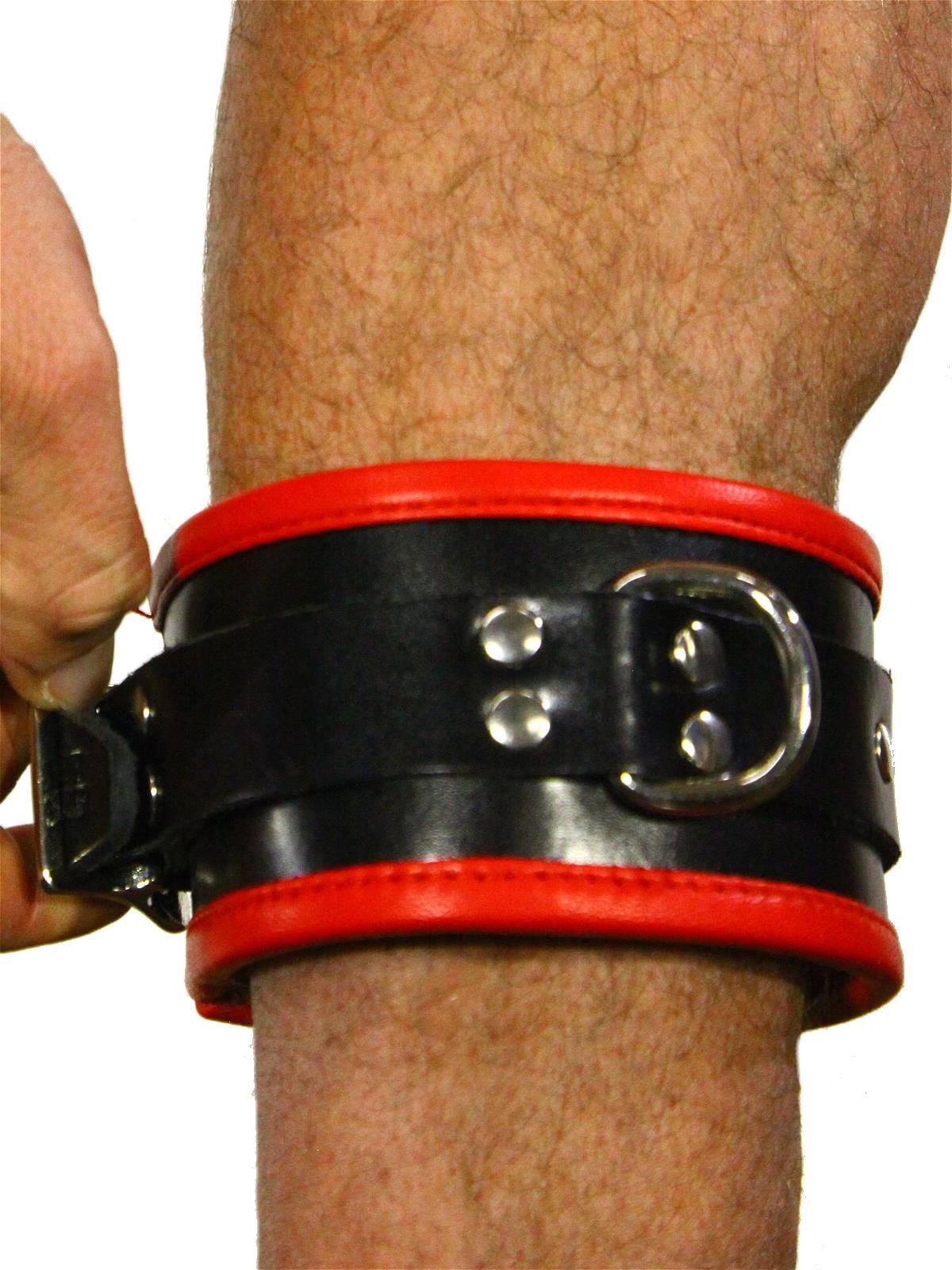 Rude Rider Ankle Cuffs with Padding Leather Black/Red (Set of 2) One Size