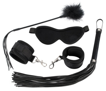 Bad Kitty Fetish Kit Samt - 4 teiliges BDSM Set mit Augenmaske, Handfessel, Peitsche und Feder-Stick, Schwarz