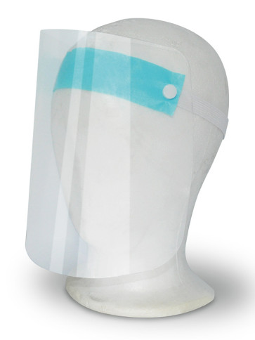 Gesichtsschutzvisier aus transparentem Kunststoff, blaues Stirnband mit elastischem Kopfband